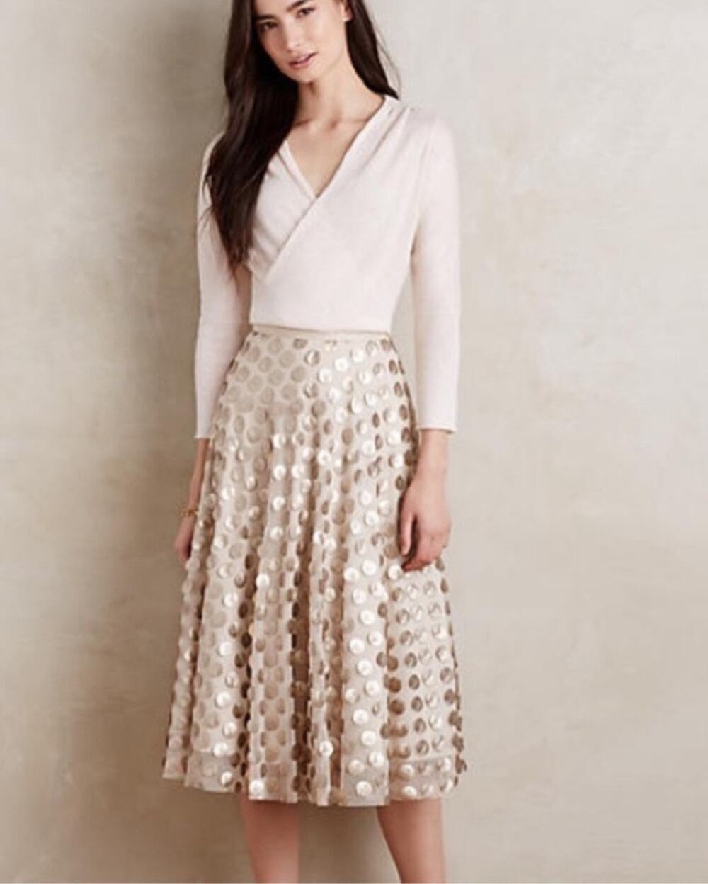 Eva Franco Cream Tulle Sequin Midi A-Line Skirt Size 4